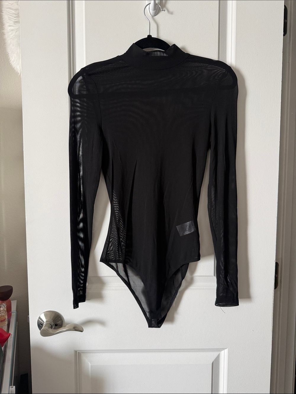 Black Long-Sleeve Sheer Mock Neck Bodysuit